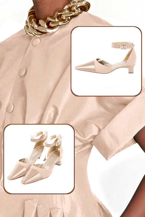 Women's powder pink open side dress shoes, with a strap around the ankle. Tapered toe. Low kitten heels - Top view